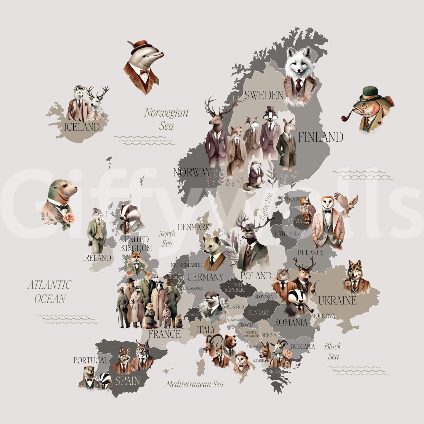 European map with fancy animals