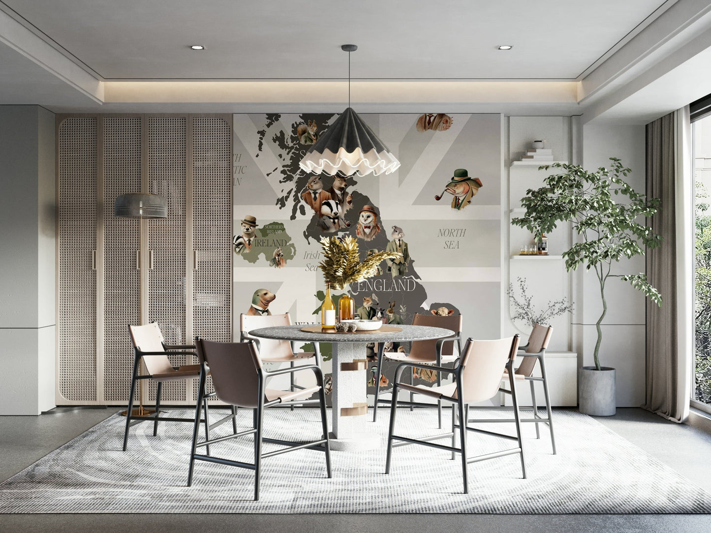 Living room with dapper creatures mural

