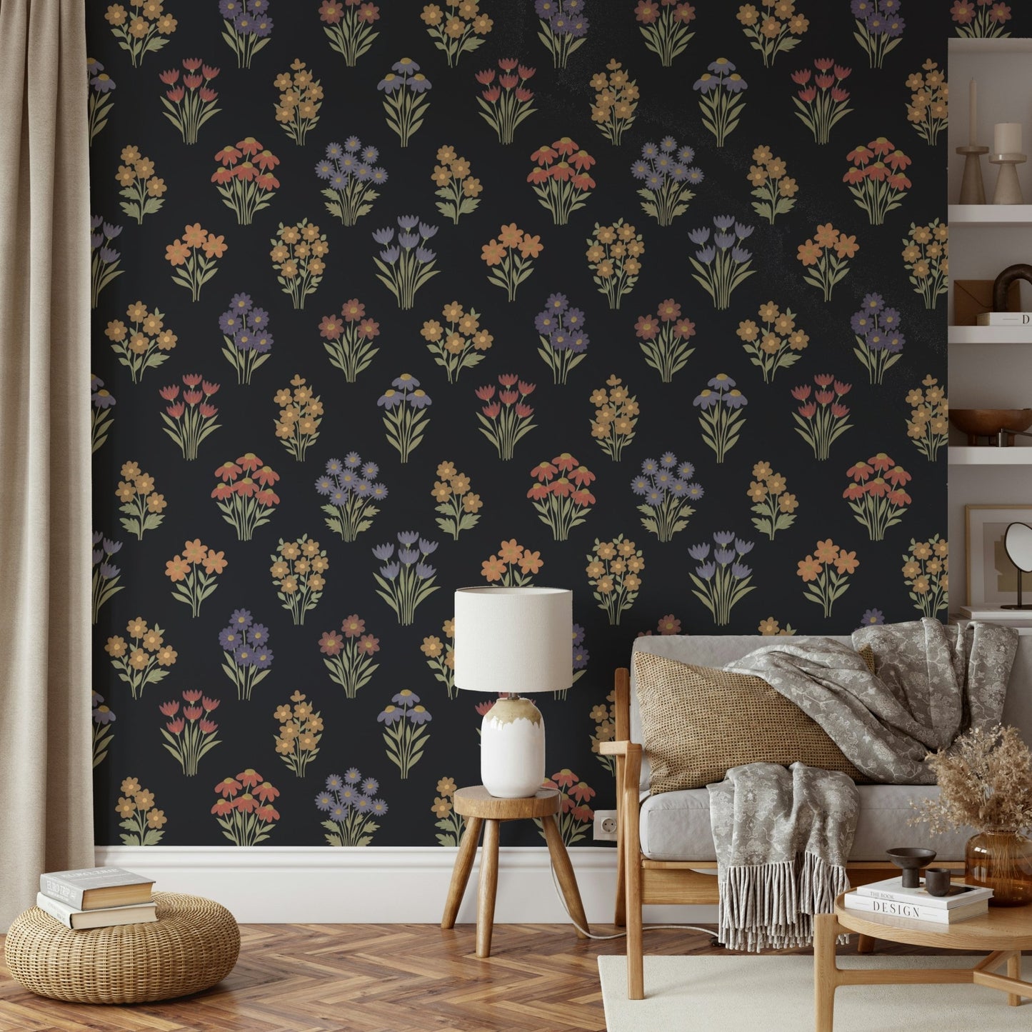 Wall mural with layered vintage flower blooms

