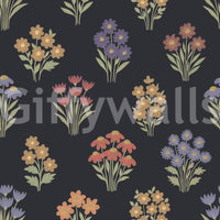 Botanical folk bouquet wallpaper in deep shades

