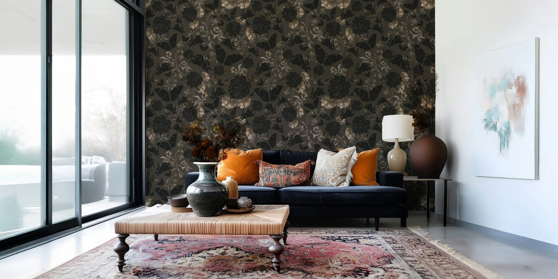 Sitting area featuring the dramatic Dark Academia Nocturnal Garden Wall Mural.