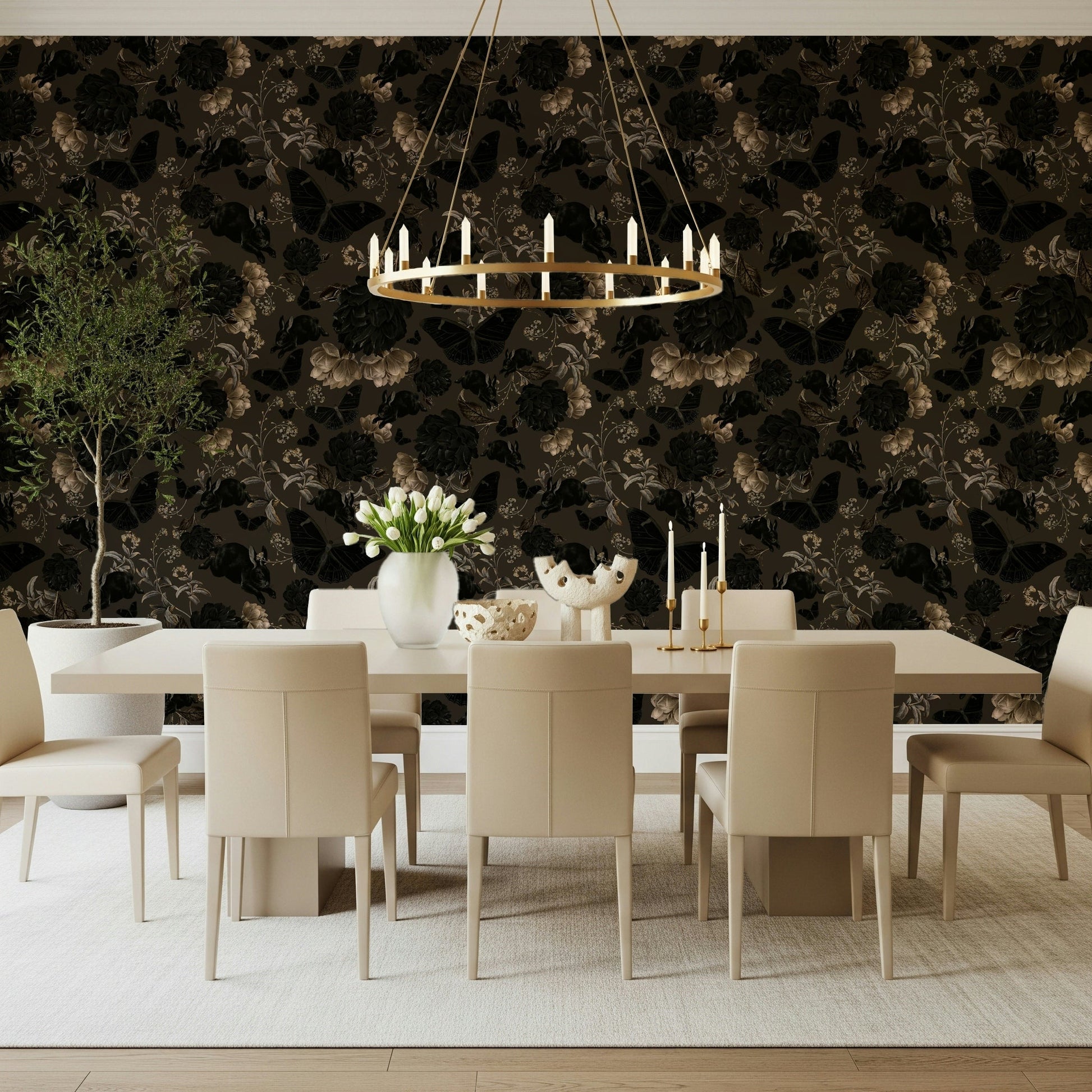 Horizontal design of the vintage Dark Academia Nocturnal Garden Wall Mural.