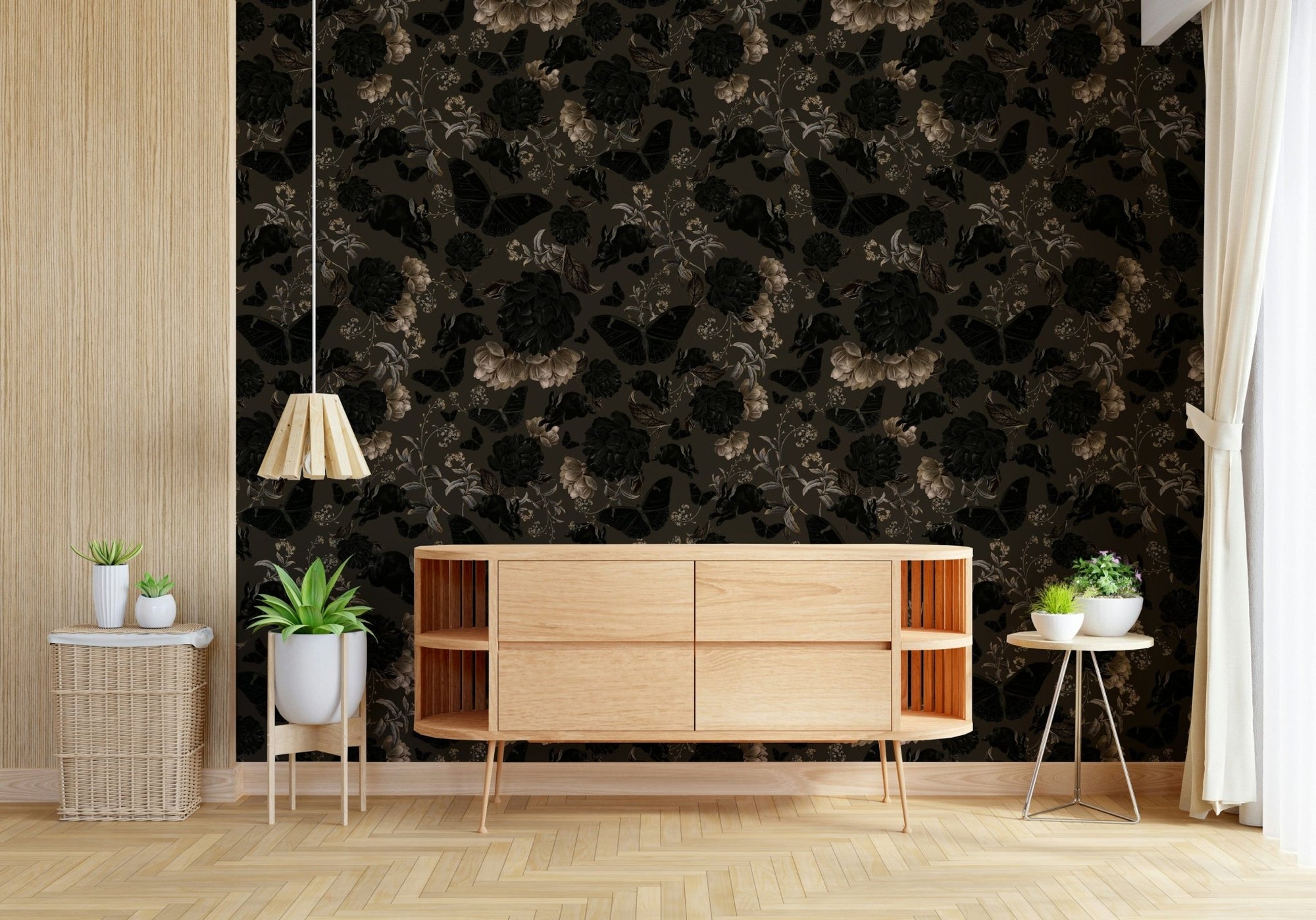 Dark Academia Nocturnal Garden Wall Mural in an elegant office., GD6242