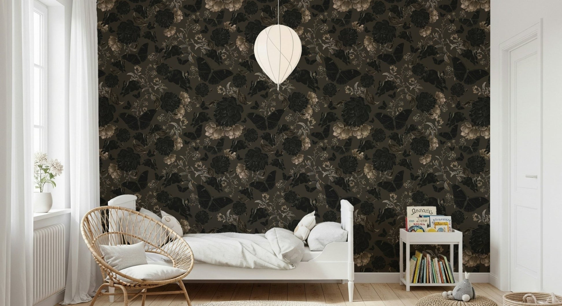 Bedroom wall accent using Dark Academia Nocturnal Garden Wall Mural.