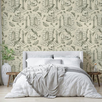 Olive Green Toile Wallpaper for Vintage-Inspired Spaces, GD1687