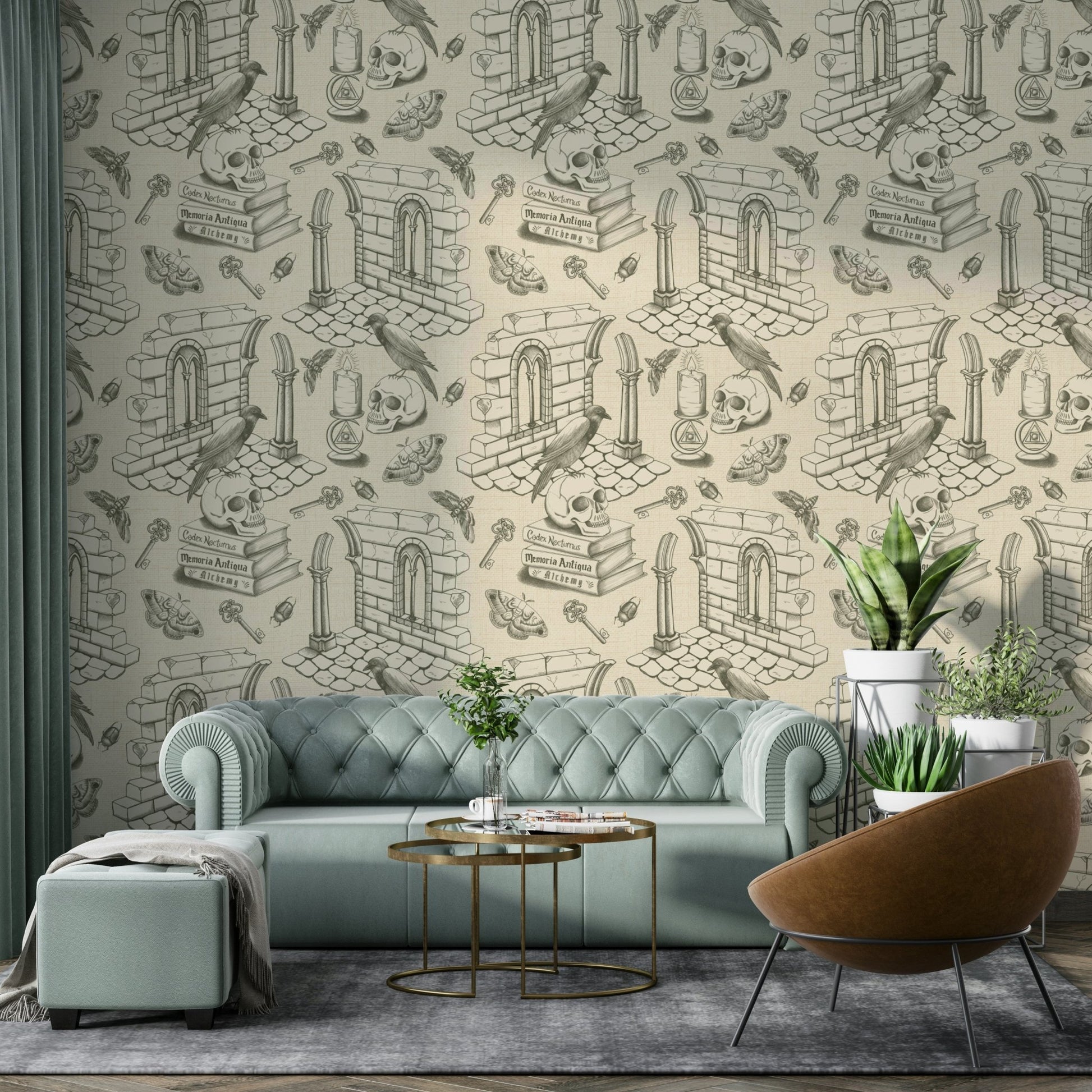 Dark Academia Inspired Olive Green Toile Wallpaper, GD1687
