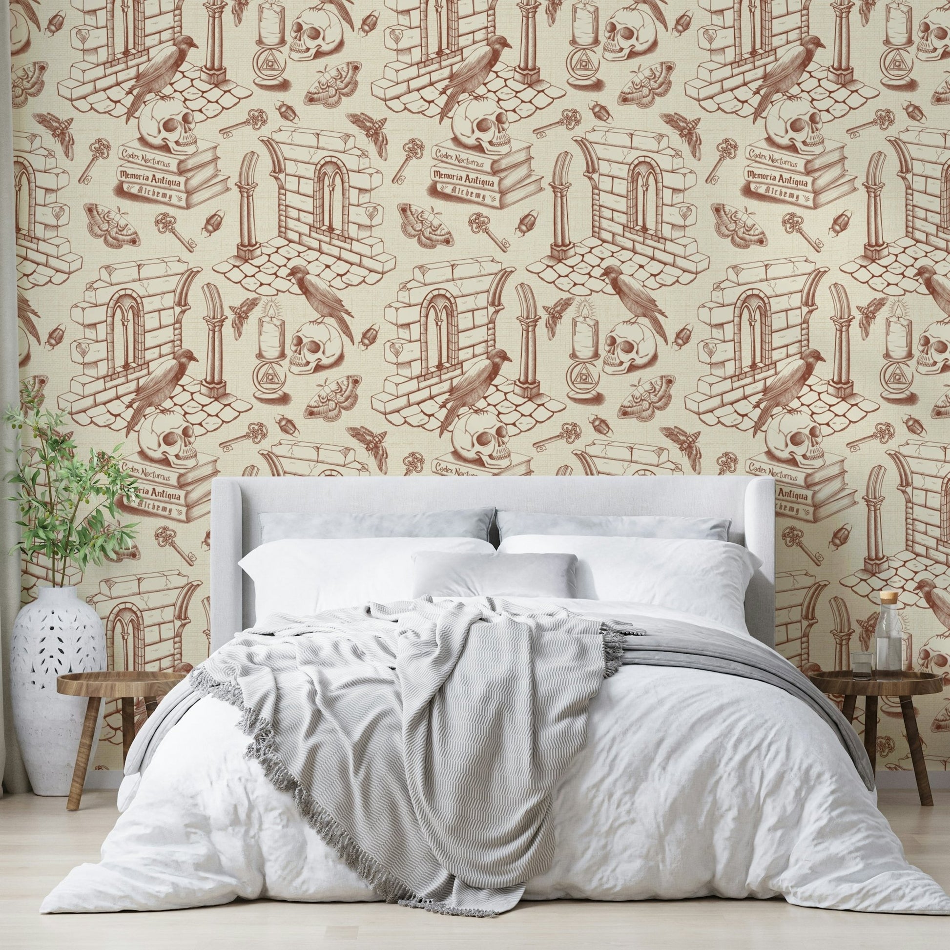 Classic Amber Wallpaper with Dark Academia Toile de Jouy Design

