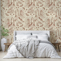 Classic Amber Wallpaper with Dark Academia Toile de Jouy Design

