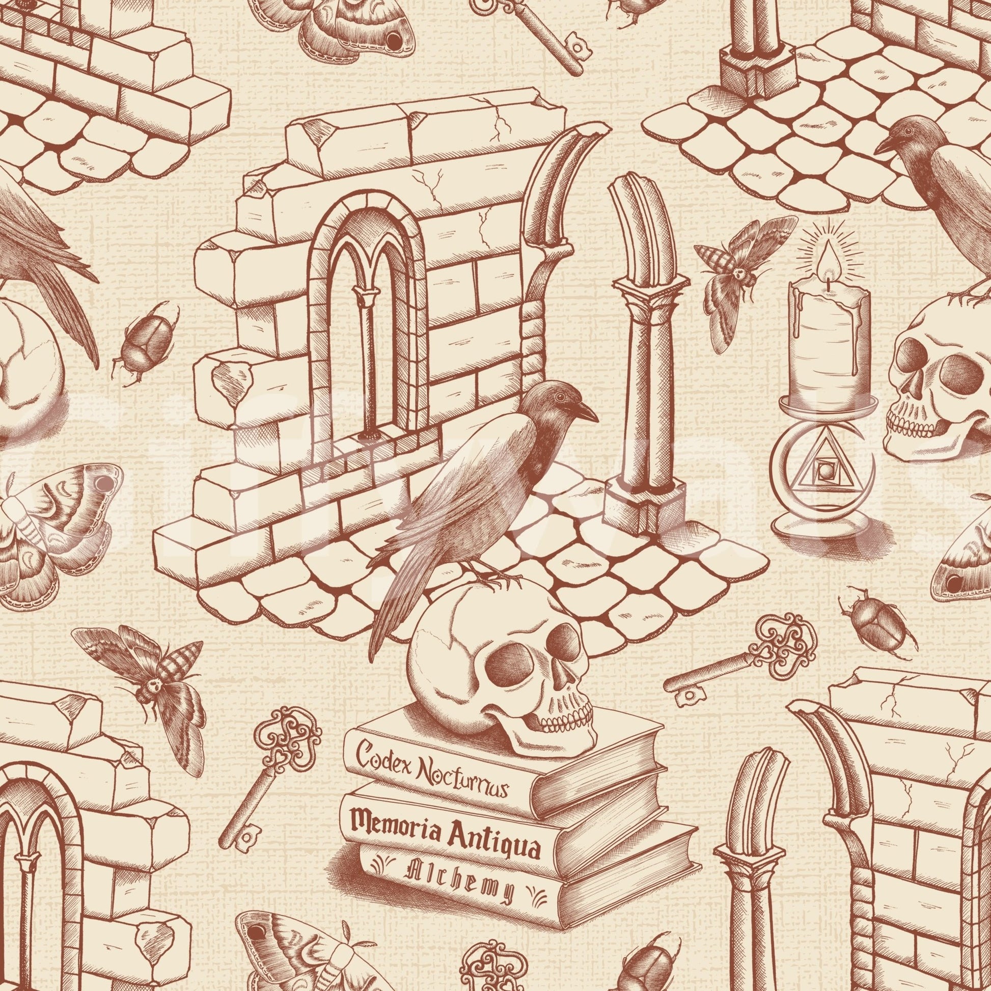 Cozy Amber Wallpaper Featuring Dark Academia Toile de Jouy

