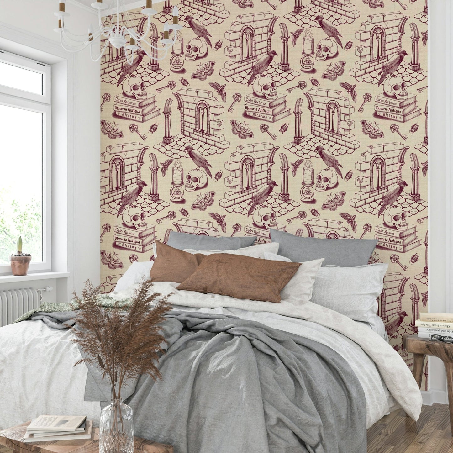 Burgundy Toile de Jouy Dark Academia Style Wallpaper

