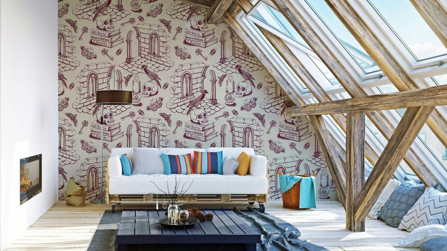 Dark Academia Burgundy Toile de Jouy Wallpaper Design

