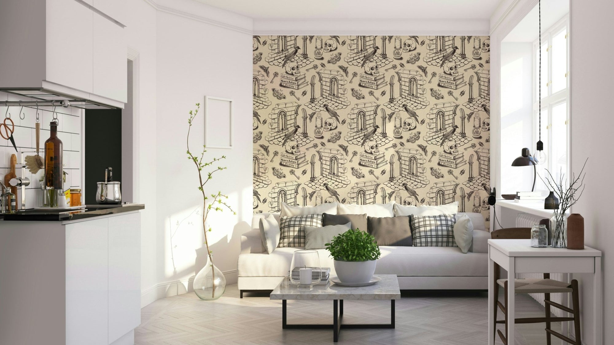 Dark Academia Toile de Jouy ink black wallpaper pattern., GD1689