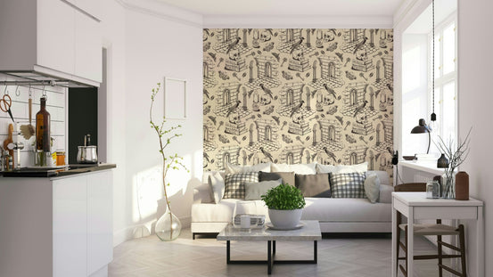 Dark Academia Toile de Jouy ink black wallpaper pattern., GD1689