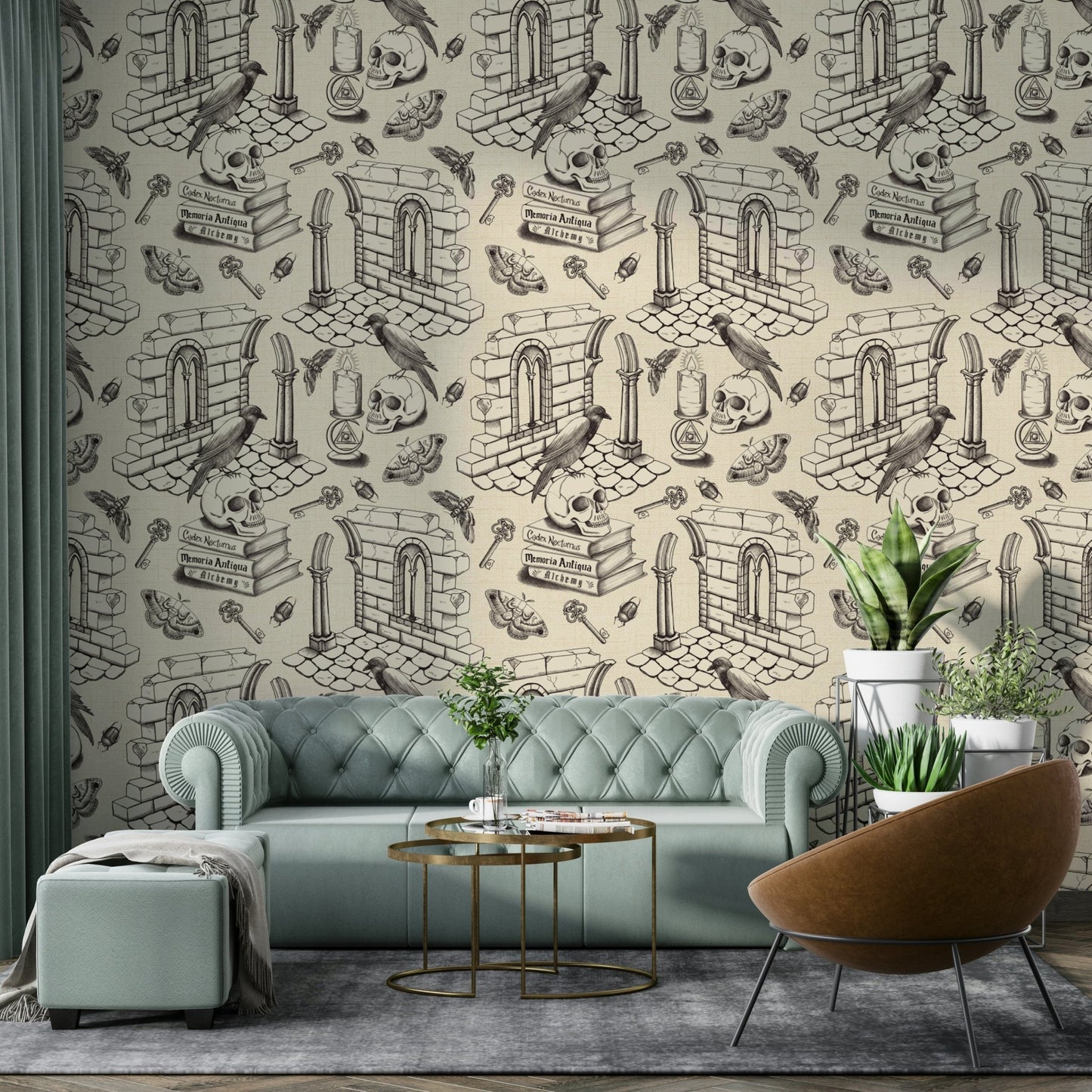 Black toile de Jouy wallpaper with detailed vintage motifs.

