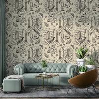 Black toile de Jouy wallpaper with detailed vintage motifs.

