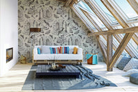 Elegant dark academia style with black toile de Jouy wallpaper.

