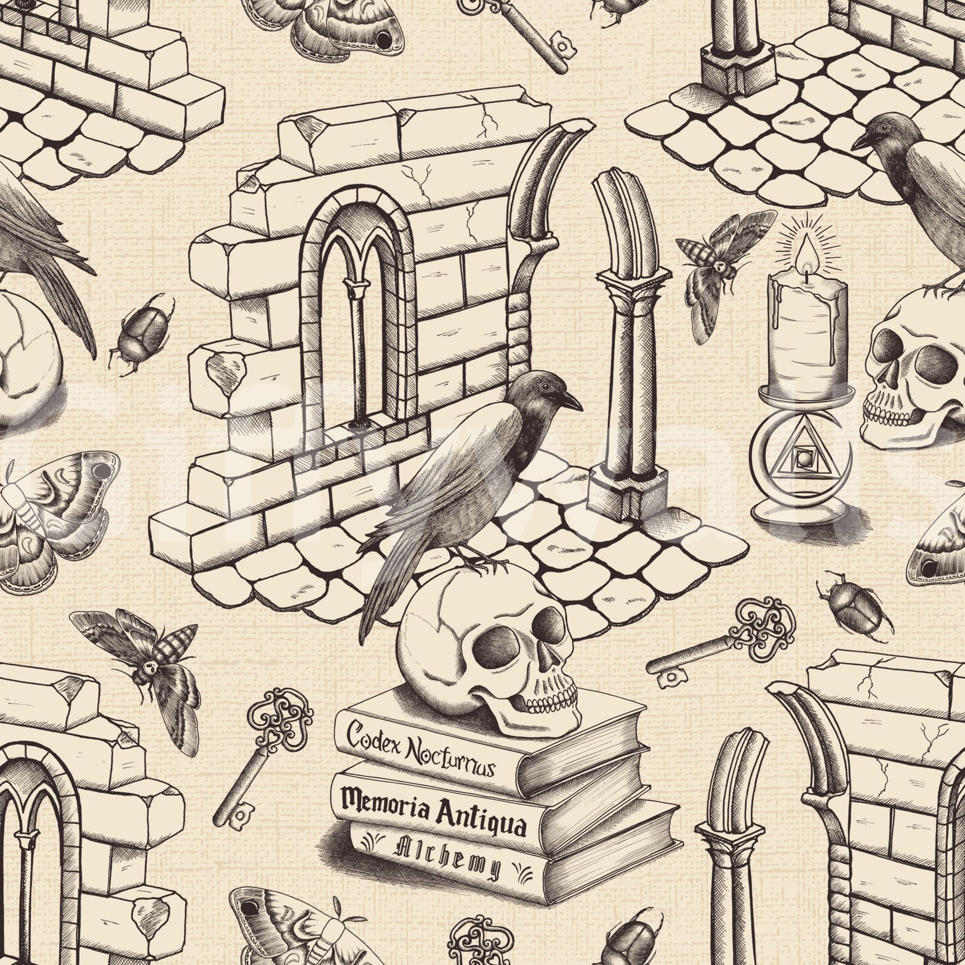 Rich, dark academia style with ink black toile de Jouy wallpaper.

