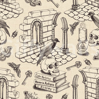Rich, dark academia style with ink black toile de Jouy wallpaper.

