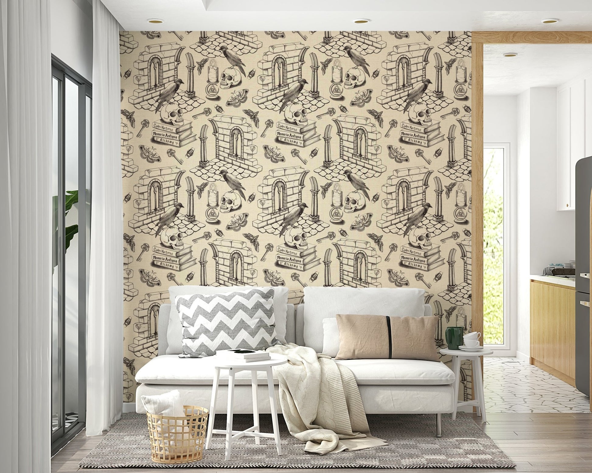 Vintage-inspired ink black toile de Jouy wallpaper design.

