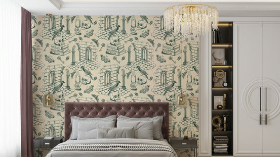 Sophisticated Toile de Jouy Ivy Green Wallpaper Style, GD1686