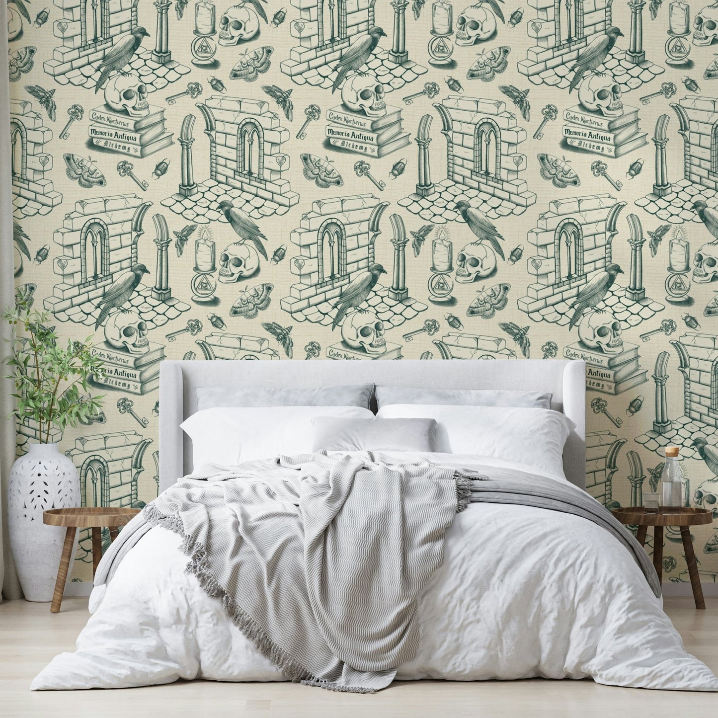Vintage Ivy Green Toile de Jouy Wallpaper with Ivy Leaves


