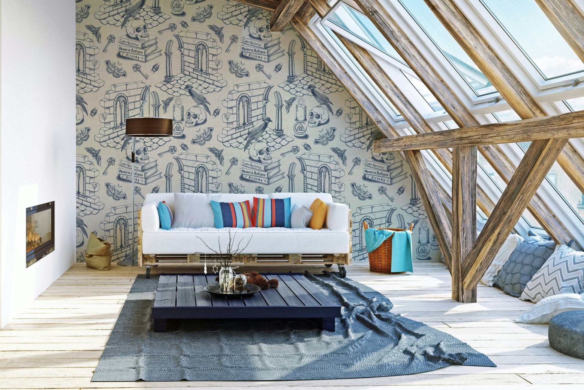 Dark Academia Wallpaper with Twilight Blue Toile Design

