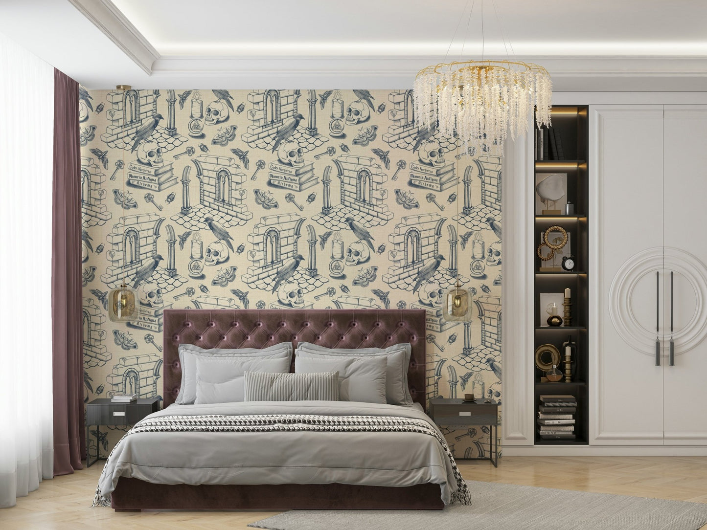 Timeless Twilight Blue Toile de Jouy Wallpaper Pattern

