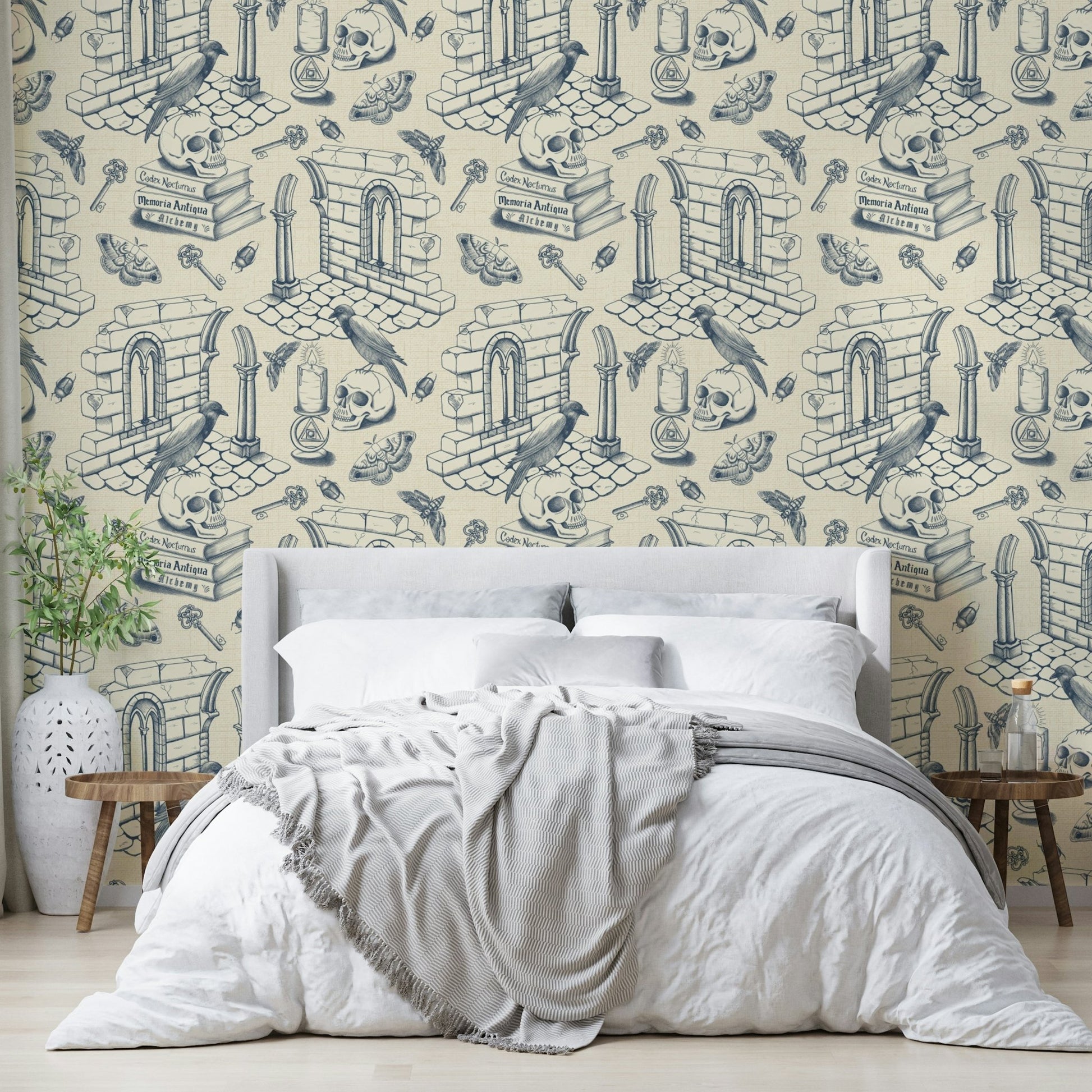 Dark Academia Toile de Jouy Wallpaper in Soft Blue

