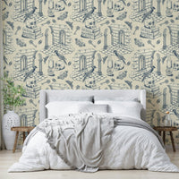 Dark Academia Toile de Jouy Wallpaper in Soft Blue

