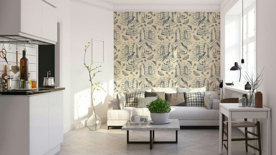 Dark Academia Toile de Jouy Twilight Blue Wallpaper, GD1685