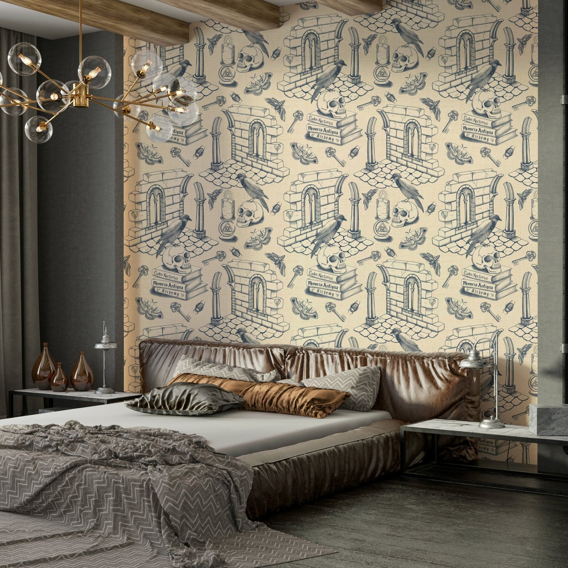 Rich Blue Dark Academia Toile de Jouy Wallpaper Print


