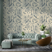 Twilight Blue Dark Academia Toile de Jouy Wallpaper Design

