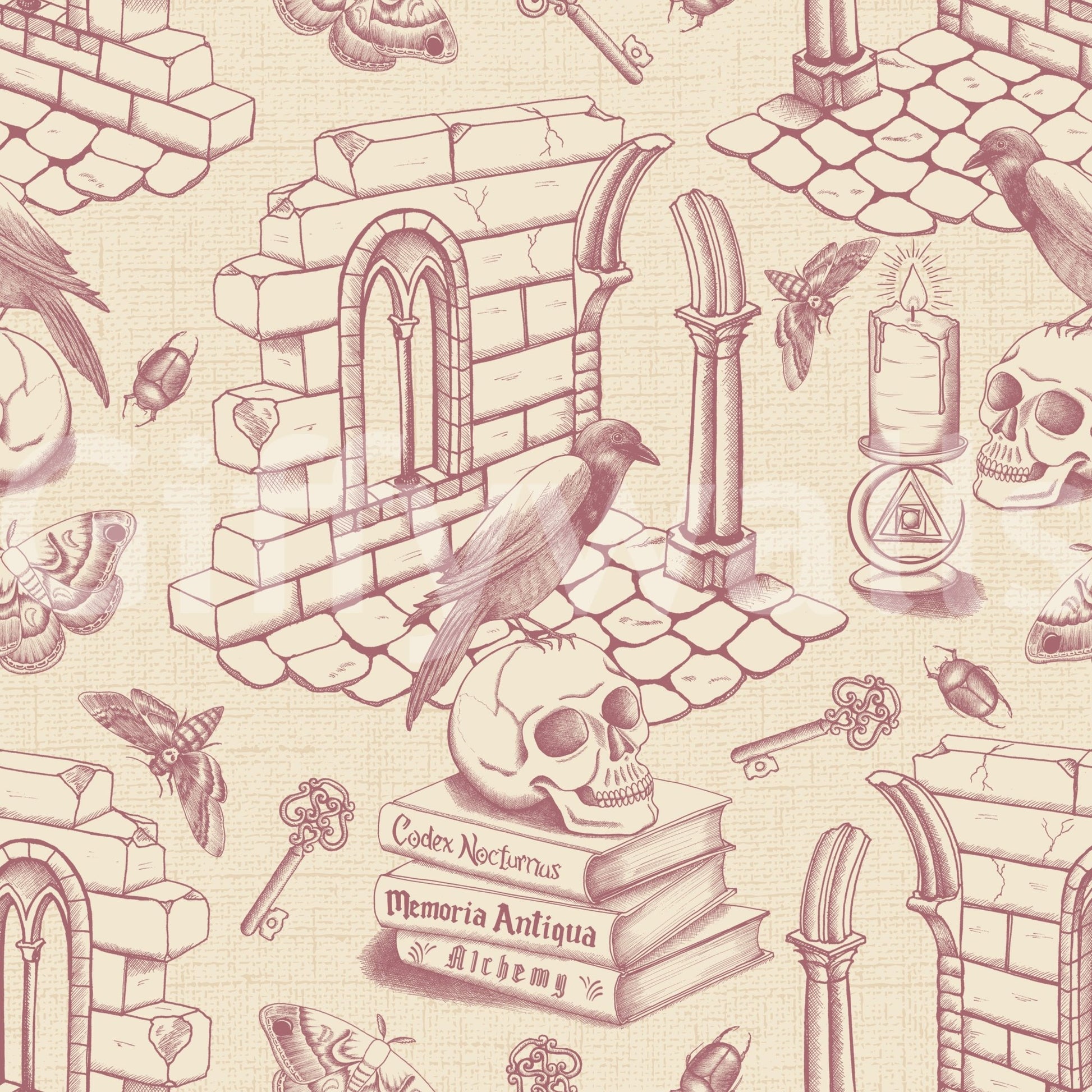 Timeless Dark Academia Toile de Jouy wallpaper with roses.

