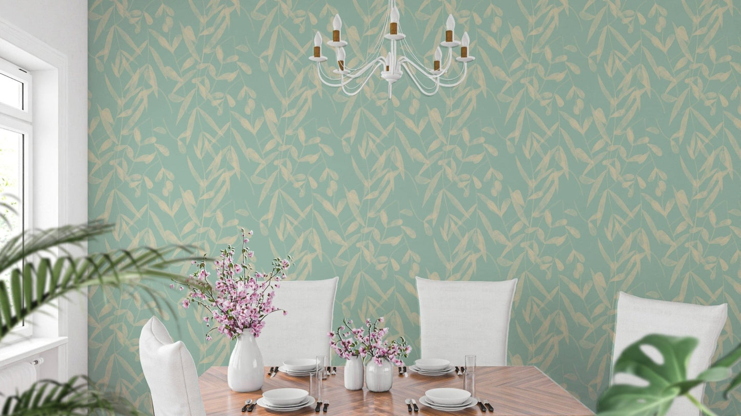 Blue wallpaper with floral leafy patterns
