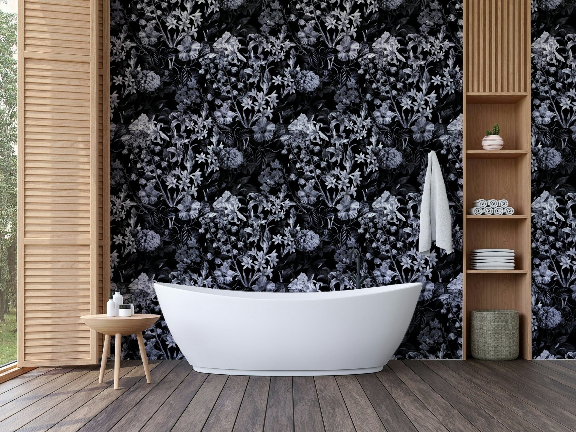 Floral wallpaper with a dark background.
