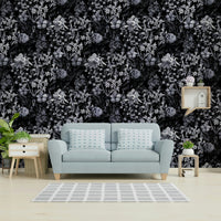 Mural of dark flowers and leaves.
