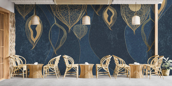 Golden Leaves on Dark Blue Wallpaper Murals B171