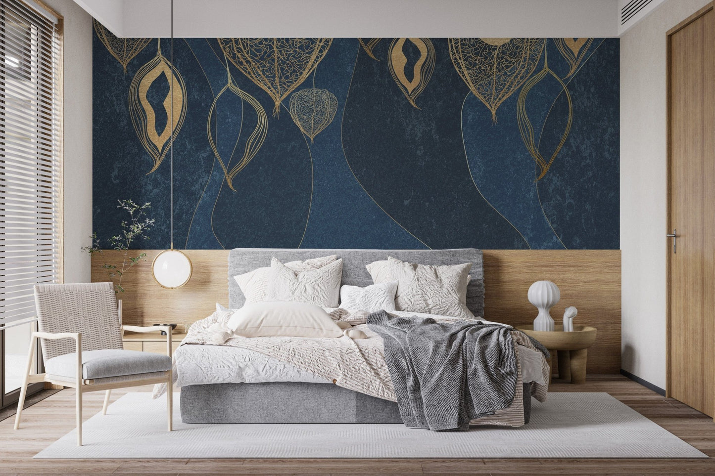 Golden Leaves on Dark Blue Wallpaper Murals - Giffywalls