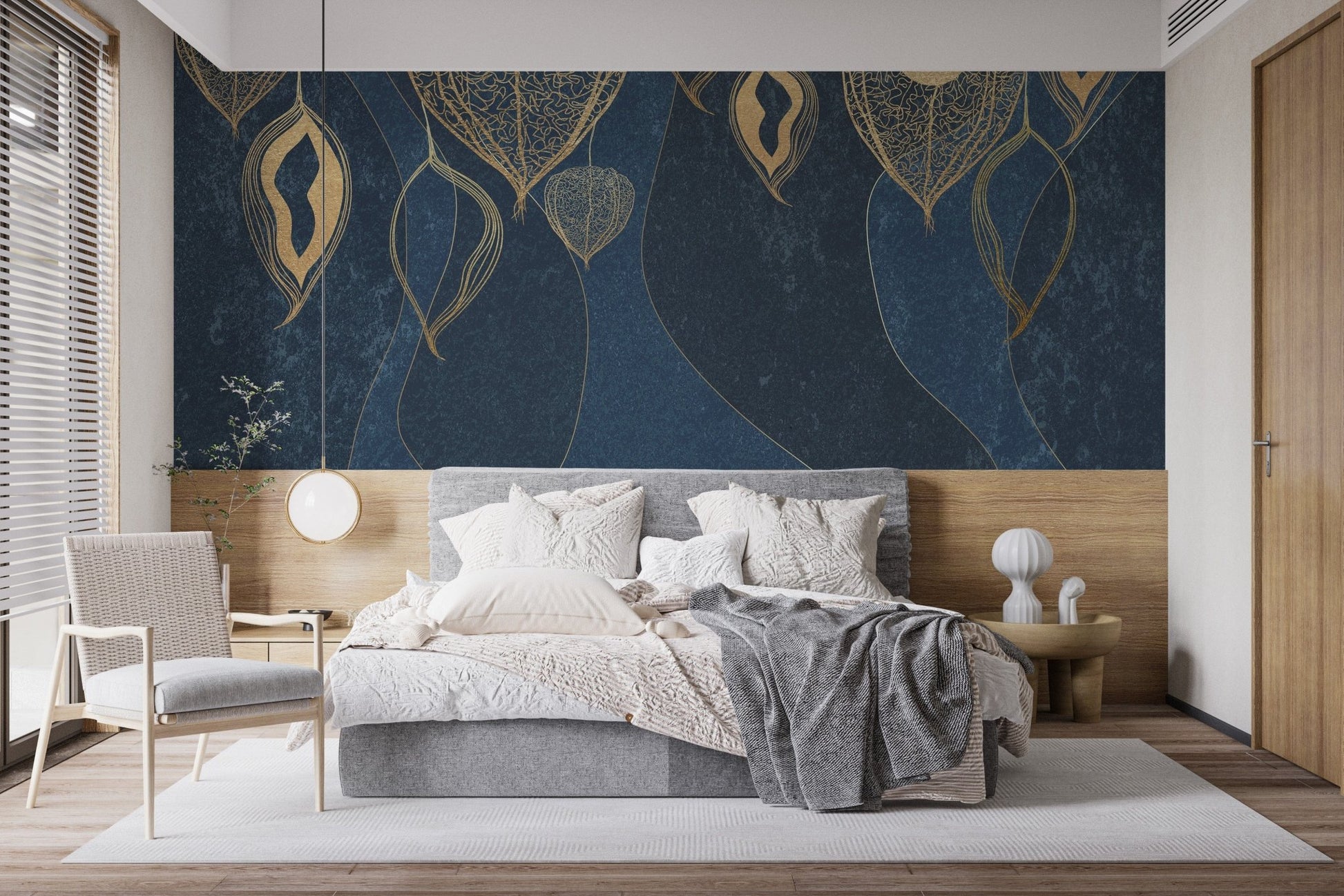 Golden Leaves on Dark Blue Wallpaper Murals - Giffywalls