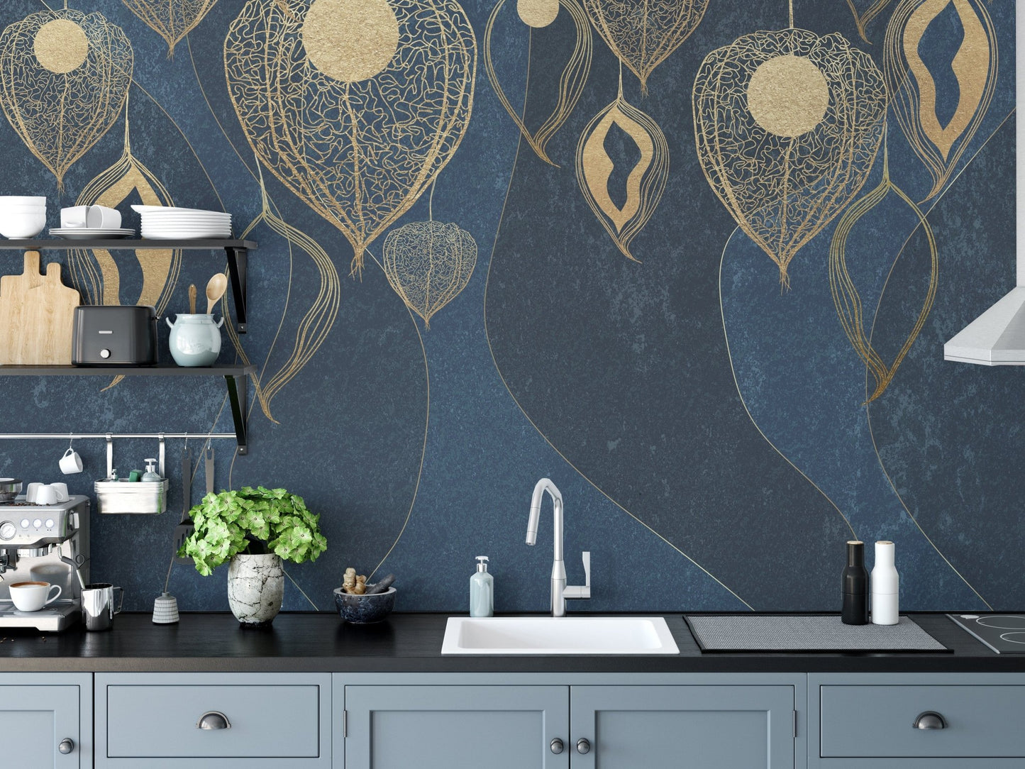 Golden Leaves on Dark Blue Wallpaper Murals - Giffywalls