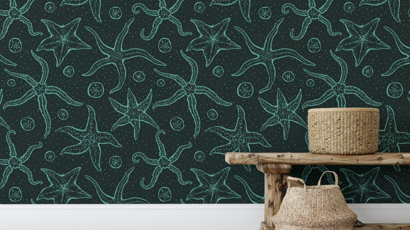 Elegant dark blue echinoderms wallpaper for marine-inspired decor.
