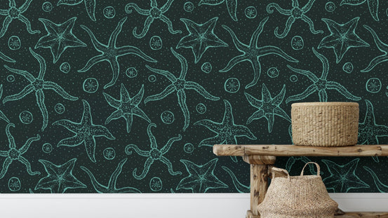 Elegant dark blue echinoderms wallpaper for marine-inspired decor. RNM32
