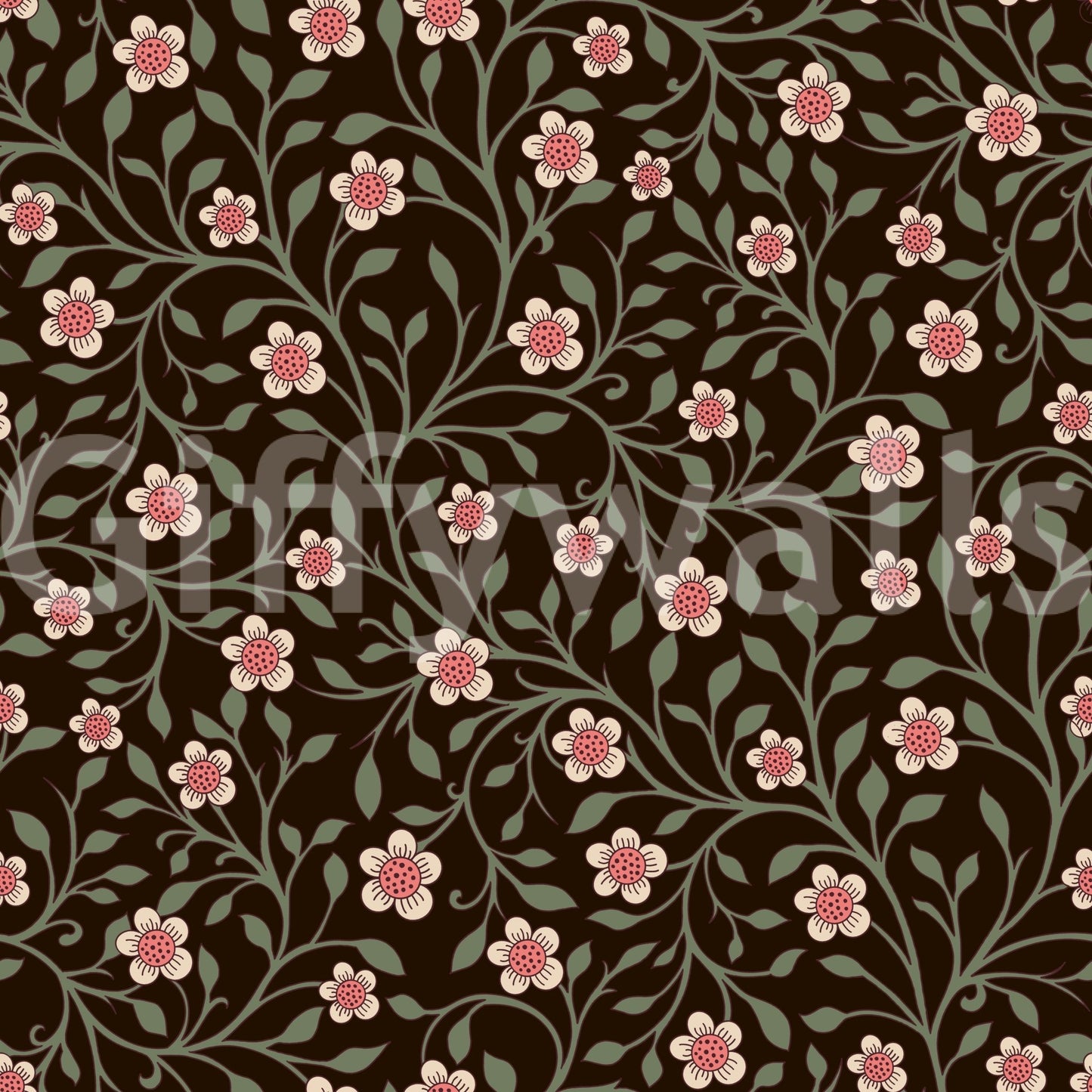 Tiny leaves curl between blossoms on the Dark Botanical Charm wallpaper
⁠GD9564