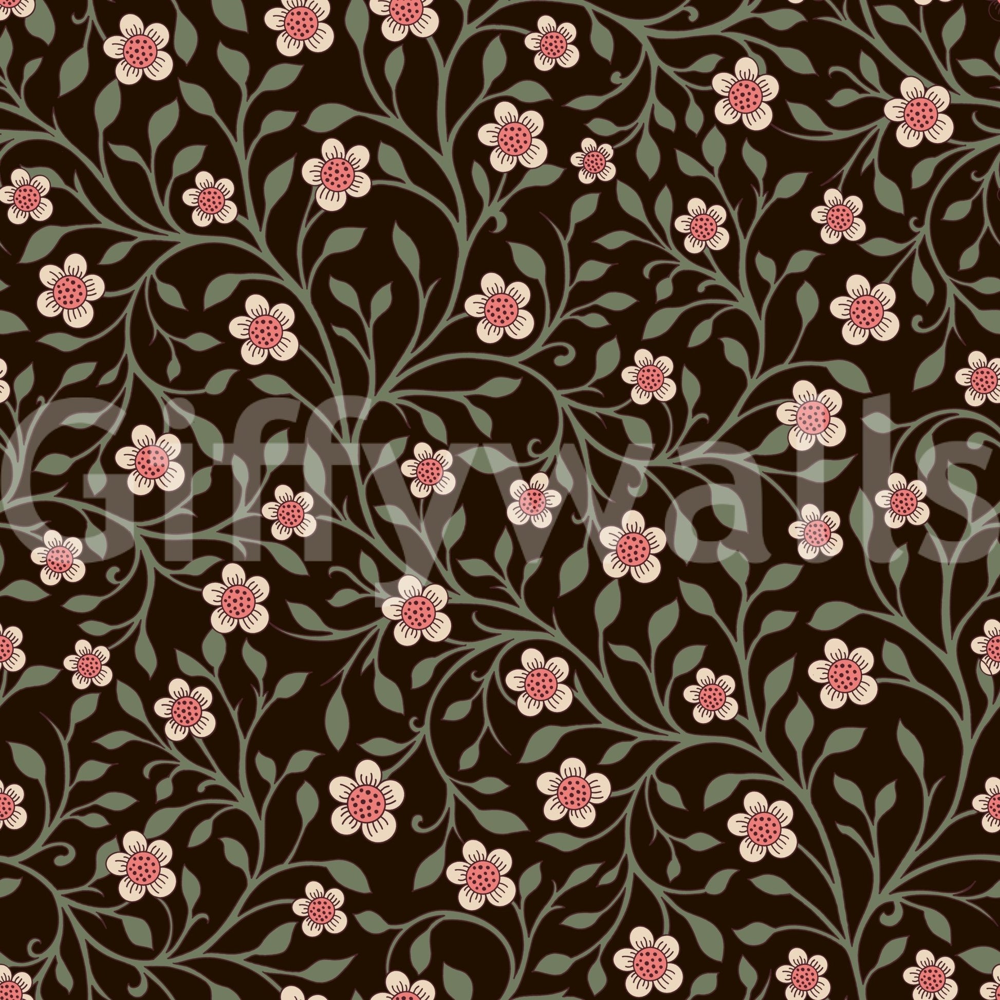 Tiny leaves curl between blossoms on the Dark Botanical Charm wallpaper
⁠GD9564