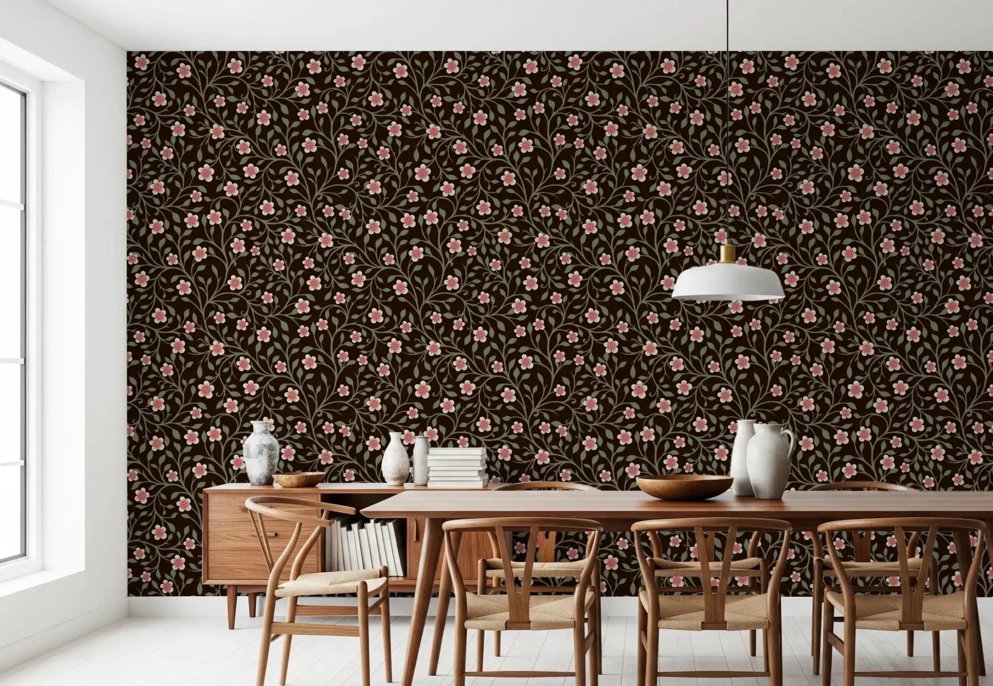 Dining room mellows beside the pink-on-brown botanical wallpaper⁠GD9564