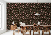 Dining room mellows beside the pink-on-brown botanical wallpaper⁠GD9564