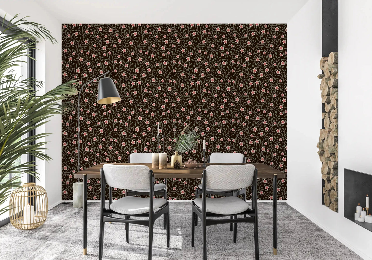Coral, cream, and sage tones meet on this dark vintage wallpaperGD9564