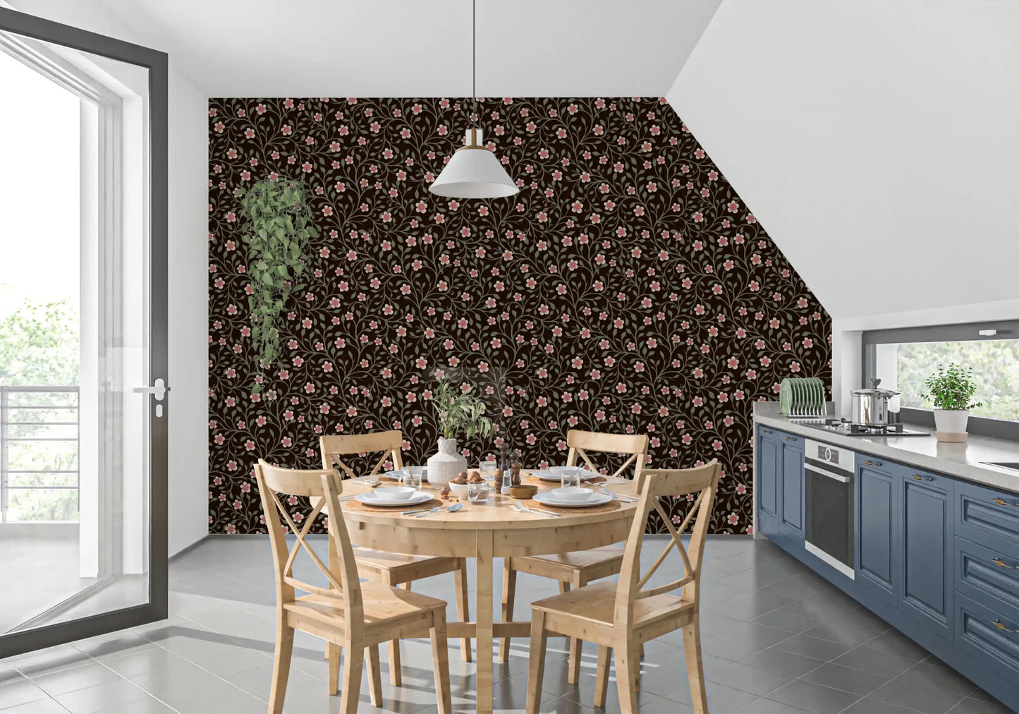 Small pink blossoms and red-dotted centers scatter across this dark botanical wallpaper⁠GD9564