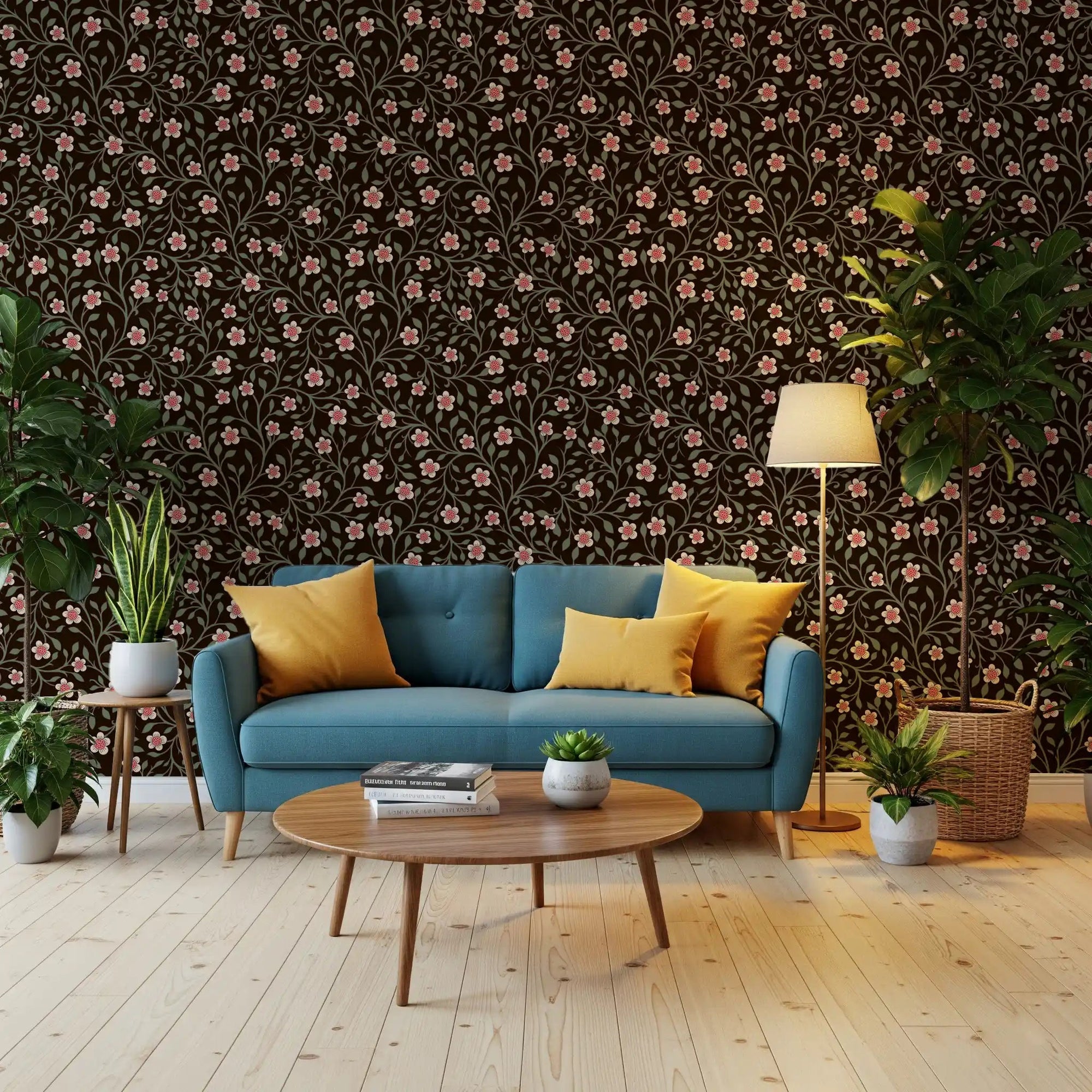 The living room reads warmer next to this Dark Botanical Charm wallpaperGD9564