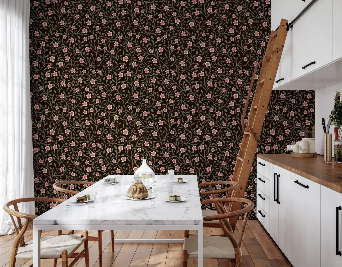 Breakfast nook leans vintage paired with this dark botanical wallpaperGD9564